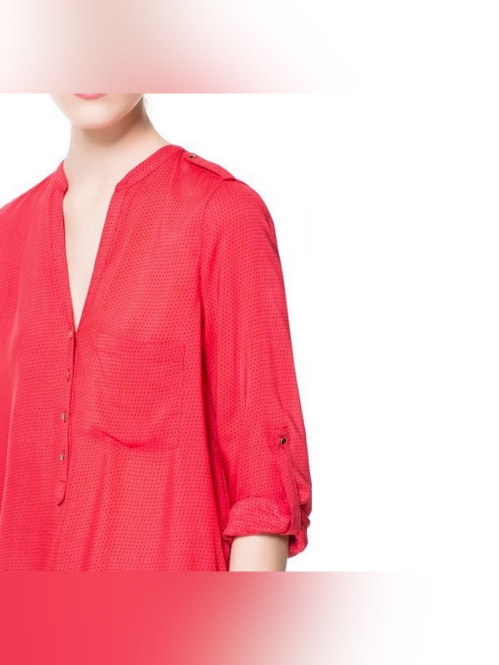 Zara Coral-Orange V-Neck Button Detail Tunic with small black dots.